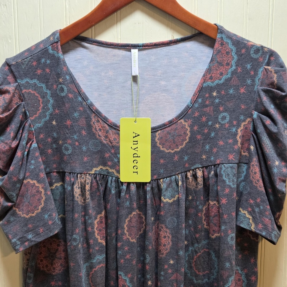 Anydeer Dress Womens Large Multicolor Geometric Swing Scoop Neck Puff Sleeve